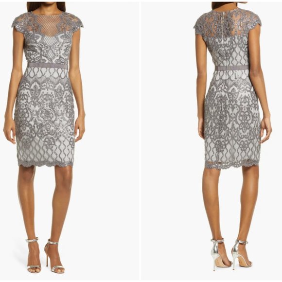 tadashi shoji miranda sequin embroidered dress Tadashi Shoji Miranda Sequin Embroidered Cap Sleeve Dress In Dark Pearl/ Blkk